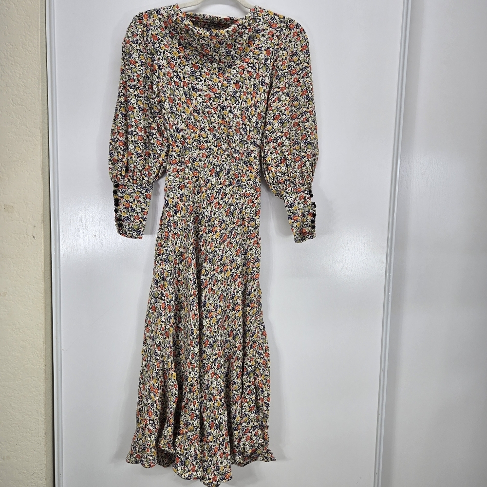 Doen Nanette Dress in Zelda Floral Print  Women XS Party Wear Midi Bishop Sleeve
